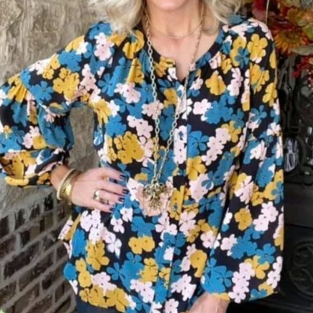 Cabi Favorite Blouse Floral Black Teal Gold